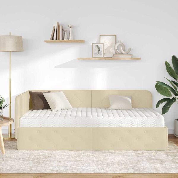 vidaXL Cadre de lit d'angle avec matelas Cr&egrave;me 90 x 200 cm tissu