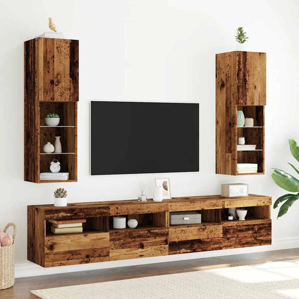 vidaXL Meubles TV avec lumi&egrave;res LED 2 pcs vieux bois 30,5x30x102 cm
