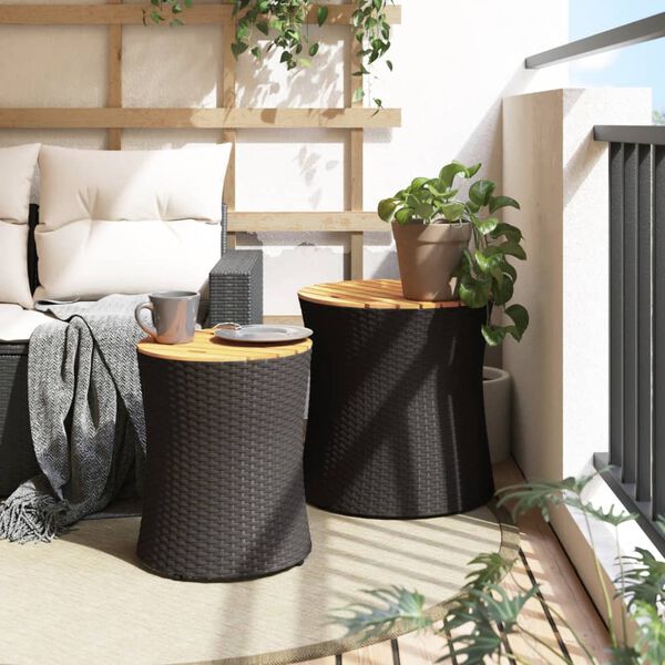 vidaXL Tables d'appoint de jardin 2 pcs dessus en bois noir poly rotin