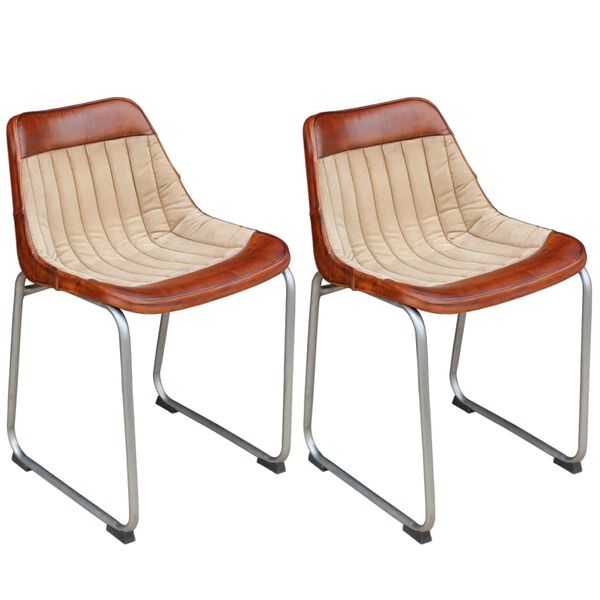 vidaXL Chaises &agrave; manger lot de 2 marron beige cuir v&eacute;ritable et toile