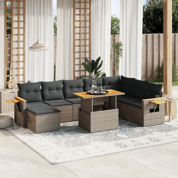 vidaXL Salon de jardin 9 pcs avec coussins gris r&eacute;sine tress&eacute;e