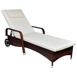 vidaXL Chaise longue avec coussin et roues R&eacute;sine tress&eacute;e Marron