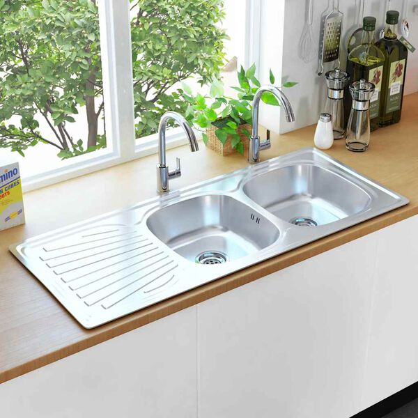 vidaXL &Eacute;vier double de cuisine avec cr&eacute;pine et pi&egrave;ge Acier inoxydable
