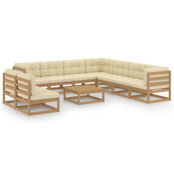 vidaXL Salon de jardin 10 pcs avec coussins Marron miel Bois de pin