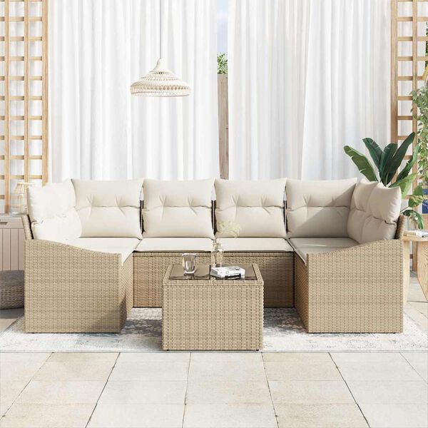vidaXL Ensemble de Canap&eacute;s avec coussin 7 pcs Beige et cr&egrave;me polyrotin