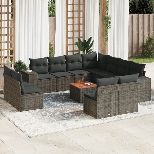 vidaXL Salon de jardin avec coussins 12 pcs gris r&eacute;sine tress&eacute;e