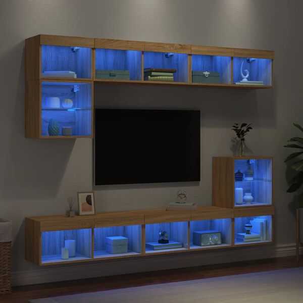 vidaXL Unit&eacute;s murales TV avec LED 8 pcs ch&ecirc;ne sonoma bois d'ing&eacute;nierie