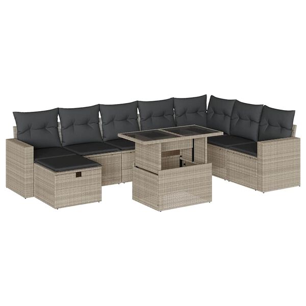 vidaXL Salon de jardin 9 pcs avec coussins gris clair r&eacute;sine tress&eacute;e