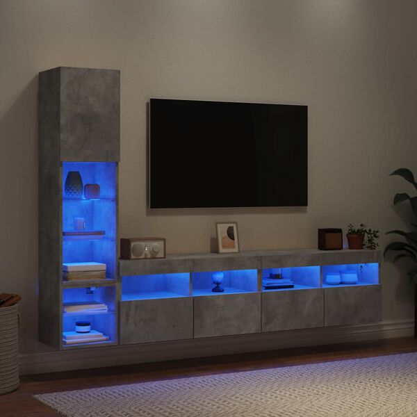 vidaXL Unit&eacute;s murales TV avec LED 4 pcs gris b&eacute;ton bois d'ing&eacute;nierie