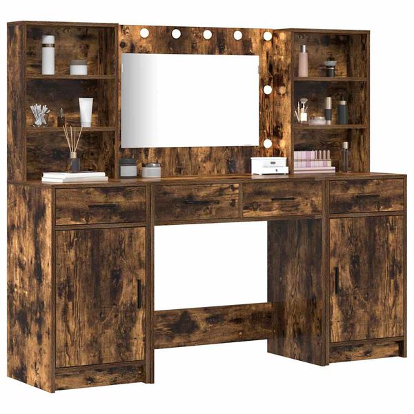 vidaXL Ensemble de table de maquillage avec LED 3 pcs Ch&ecirc;ne fum&eacute;