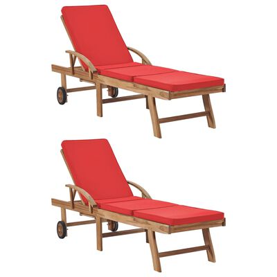 vidaXL Chaises longues avec coussins lot de 2 bois teck solide Rouge