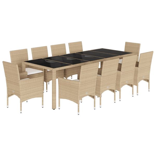 vidaXL Ensemble &agrave; manger de jardin et coussins 11pcs beige rotin verre