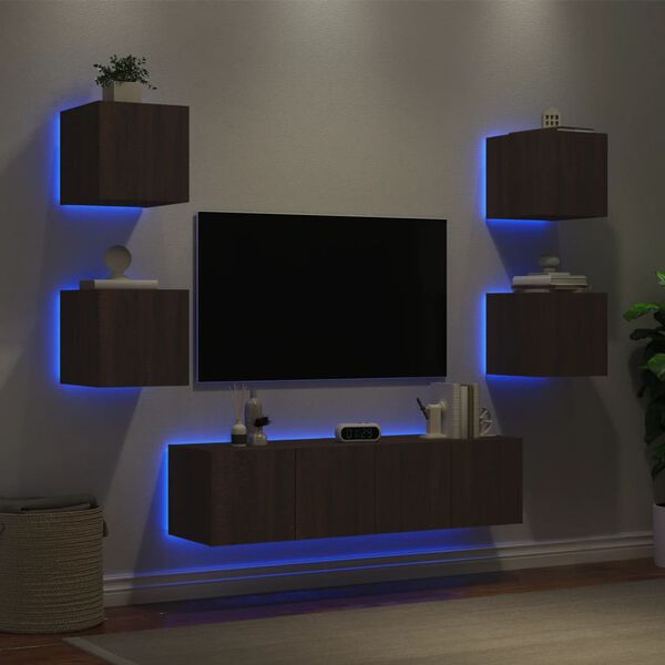 vidaXL Unit&eacute;s murales TV avec LED 6 pcs ch&ecirc;ne marron bois d'ing&eacute;nierie