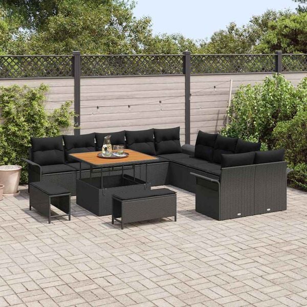 vidaXL Ensemble de canapé de jardin avec coussin 13 pcs Noir polyrotin