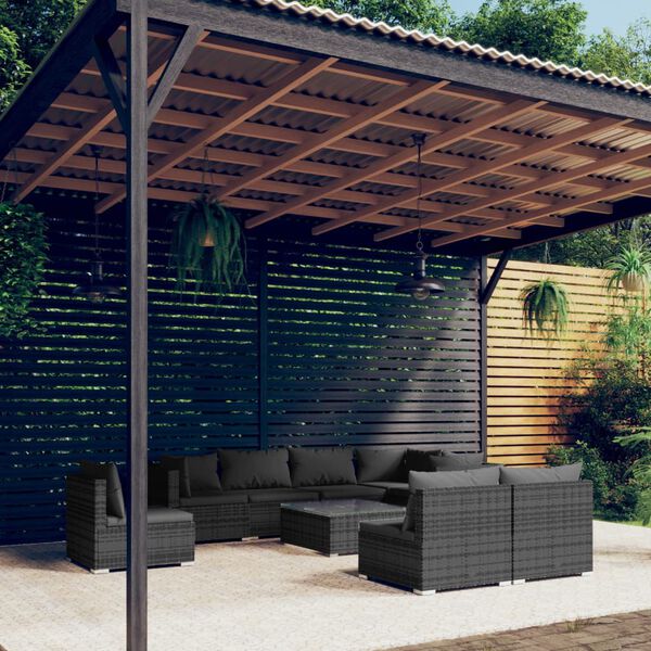 vidaXL Salon de jardin 9 pcs avec coussins R&eacute;sine tress&eacute;e Gris