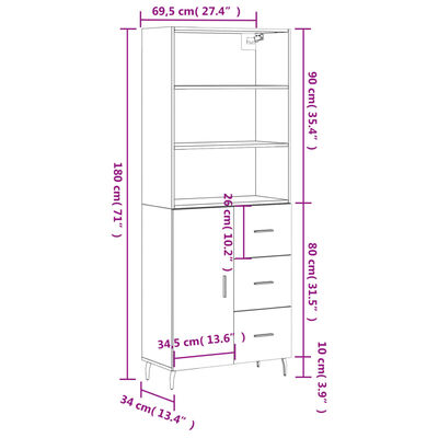 vidaXL Buffet haut Chêne fumé 69,5x34x180 cm Bois d'ingénierie