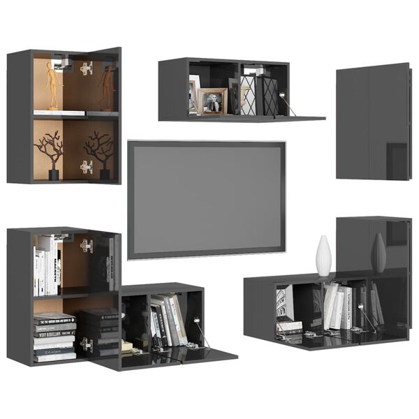 vidaXL Ensemble de meubles TV 7 pcs Gris brillant Bois d'ing&eacute;nierie