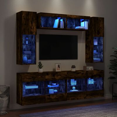 vidaXL Ensemble de meubles TV muraux 6pcs et lumières LED chêne fumé