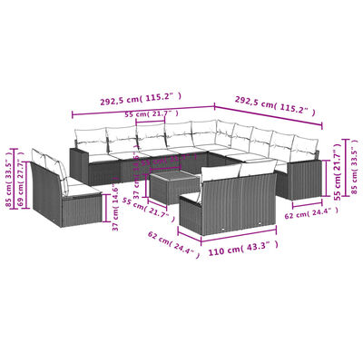 vidaXL Salon de jardin avec coussins 14 pcs gris résine tressée