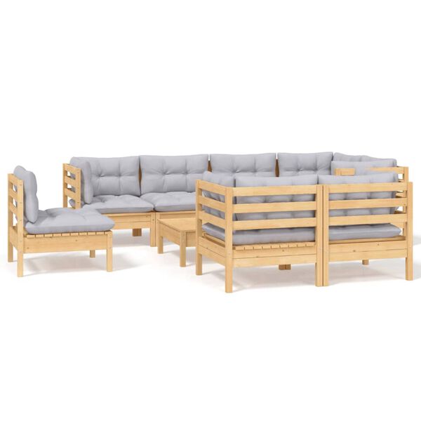 vidaXL Salon de jardin 9 pcs avec coussins gris bois de pin massif