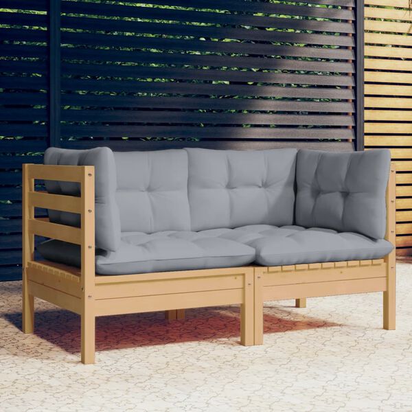 vidaXL Canap&eacute; 2 places de jardin et coussins gris Bois de pin solide
