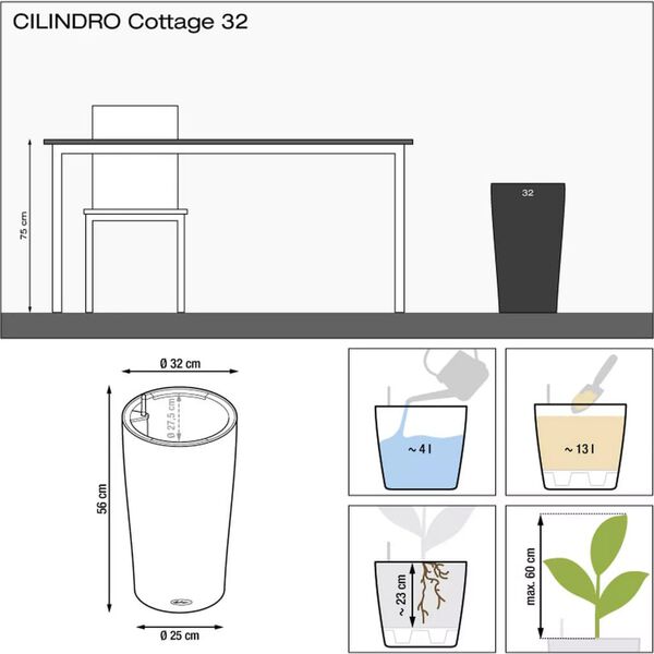 LECHUZA Jardini&egrave;re CILINDRO Cottage 32 ALL-IN-ONE diam&egrave;tre 32 cm
