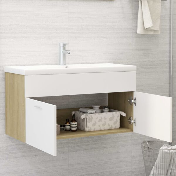 vidaXL Armoire d'&eacute;vier Blanc et ch&ecirc;ne sonoma Bois d&rsquo;ing&eacute;nierie