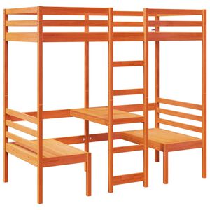 vidaXL Lit mezzanine avec bureau et chaises brun cire 90x200 cm pin