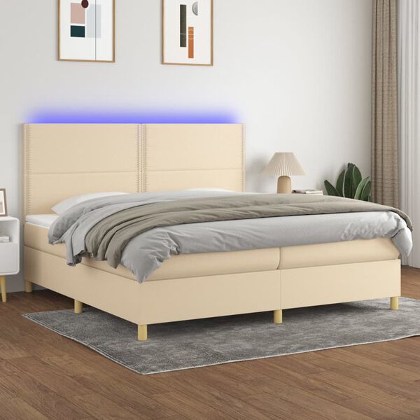 vidaXL Sommier &agrave; lattes de lit et matelas et LED Cr&egrave;me 200x200cm Tissu