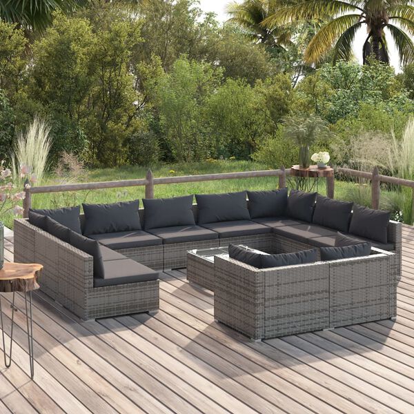 vidaXL Salon de jardin 12 pcs avec coussins Gris R&eacute;sine tress&eacute;e