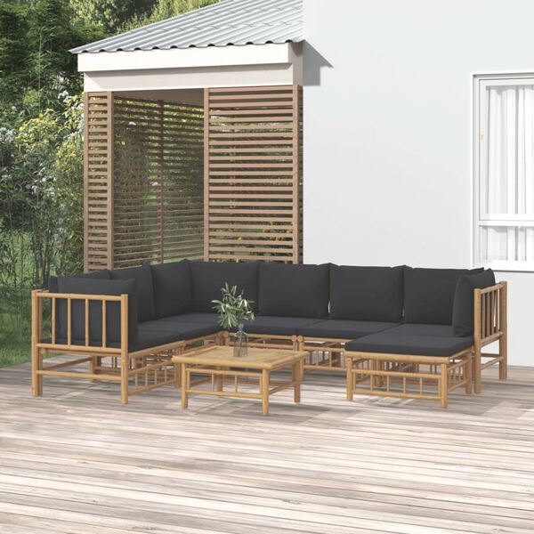 vidaXL Salon de jardin 8 pcs avec coussins gris fonc&eacute; bambou
