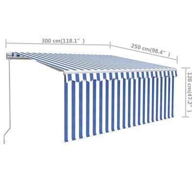 vidaXL Auvent manuel rétractable avec store 3x2,5 m Bleu et blanc