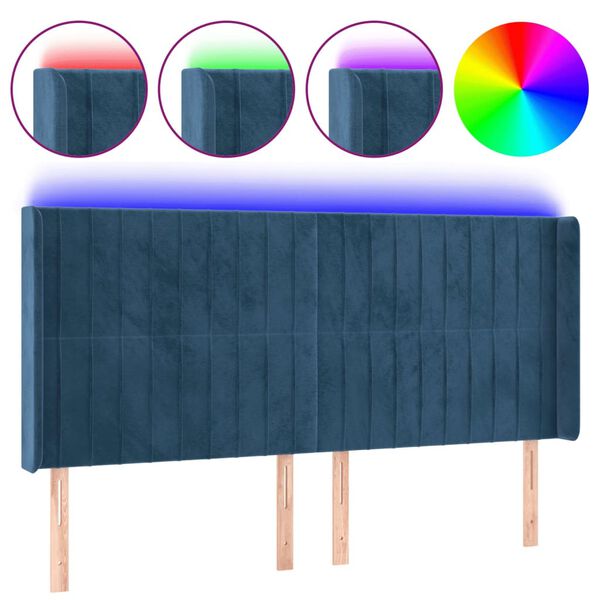 vidaXL T&ecirc;te de lit &agrave; LED Bleu fonc&eacute; 203x16x118/128 cm Velours