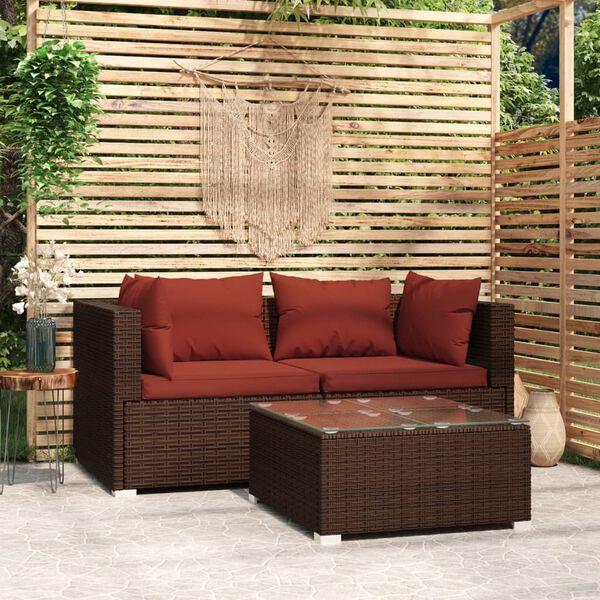 vidaXL Salon de jardin 3 pcs avec coussins Marron R&eacute;sine tress&eacute;e