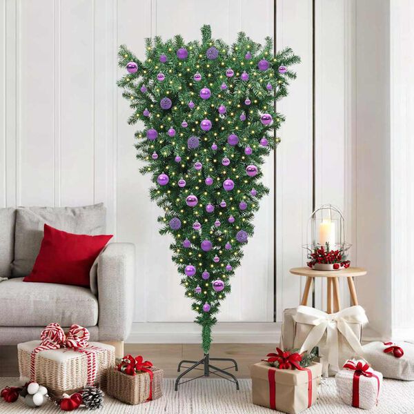 vidaXL Sapin de No&euml;l artificiel pr&eacute;-&eacute;clair&eacute; &agrave; l'envers avec ensemble de boules