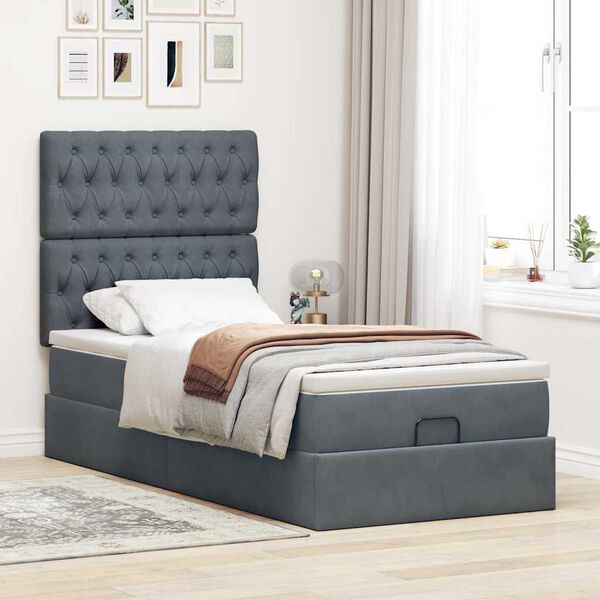 vidaXL Cadre de lit ottoman avec matelas gris foncé 100x200 cm velours