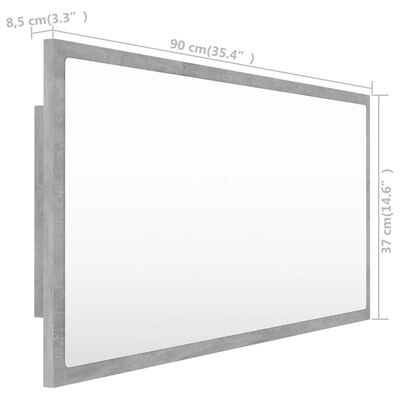 vidaXL Miroir à LED de salle de bain Gris béton 90x8,5x37 cm Acrylique