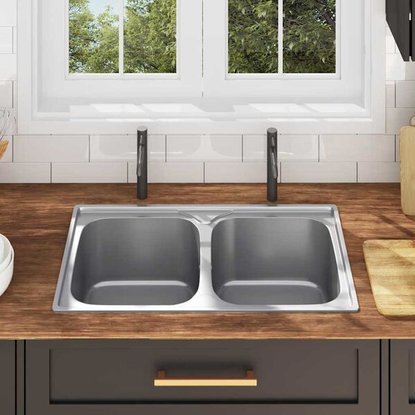 vidaXL &Eacute;vier double de cuisine avec cr&eacute;pine et pi&egrave;ge Acier inoxydable