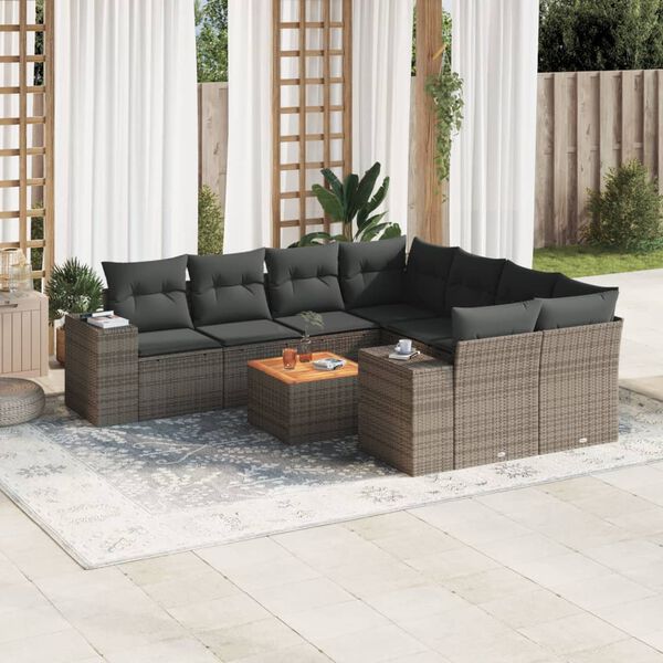 vidaXL Salon de jardin 9 pcs avec coussins gris résine tressée