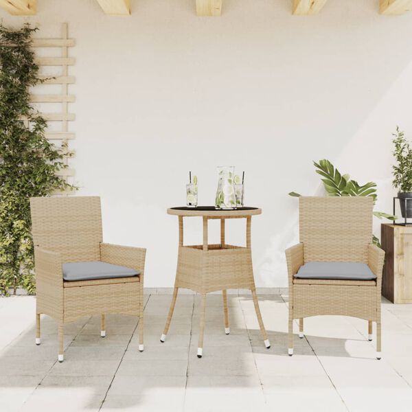 vidaXL Ensemble &agrave; manger de jardin et coussins 3 pcs beige rotin verre