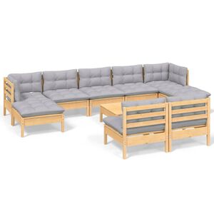 vidaXL Salon de jardin 10 pcs avec coussins gris Bois de pin