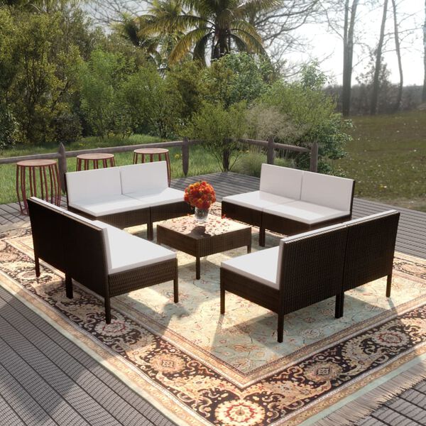 vidaXL Salon de jardin 9 pcs avec coussins R&eacute;sine tress&eacute;e Noir