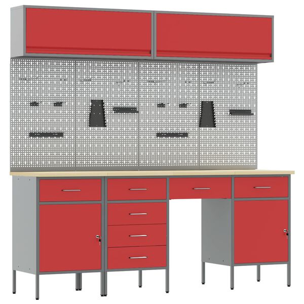 vidaXL Placard de travail 10 pcs Rouge Bois d'ing&eacute;nierie et acier