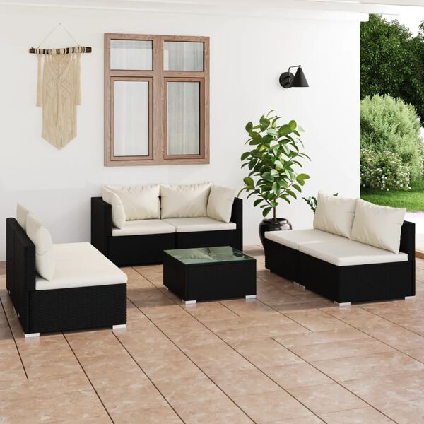vidaXL Salon de jardin 7 pcs avec coussins R&eacute;sine tress&eacute;e Noir