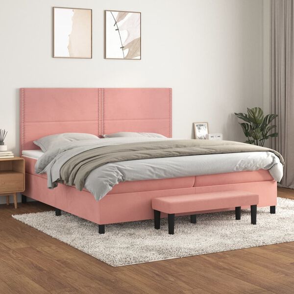vidaXL Sommier &agrave; lattes de lit avec matelas Rose 200x200 cm Velours