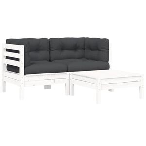 vidaXL Salon de jardin 3 pcs avec coussins Blanc Bois de pin massif