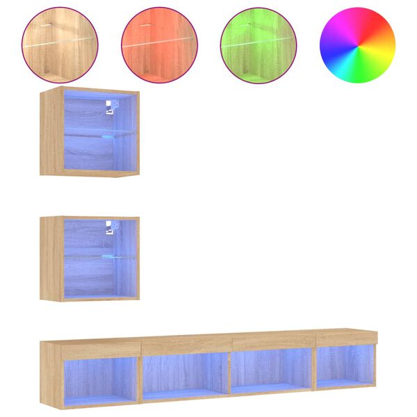 vidaXL Unit&eacute;s murales TV avec LED 5 pcs ch&ecirc;ne sonoma bois d'ing&eacute;nierie