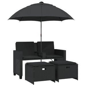 vidaXL Canap&eacute; de jardin 2 places avec parasol et tabourets noir rotin