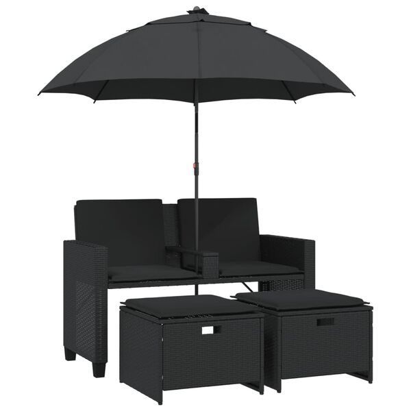 vidaXL Canap&eacute; de jardin 2 places avec parasol et tabourets noir rotin