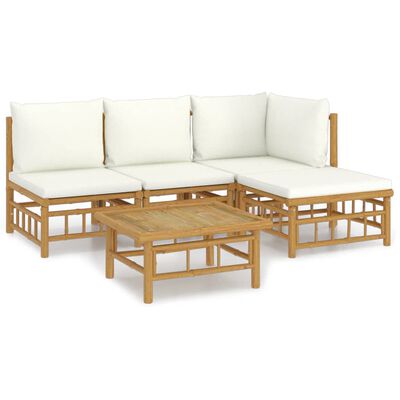 vidaXL Salon de jardin 5 pcs avec coussins blanc crème bambou